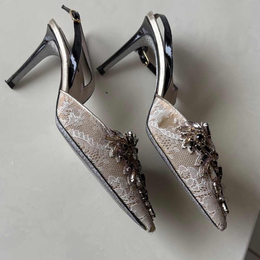 RENE CAOVILLA Embellished Slingback Heels/Gold Lace Stones size 38/8 Ret: $1195 - Picture 8 of 15